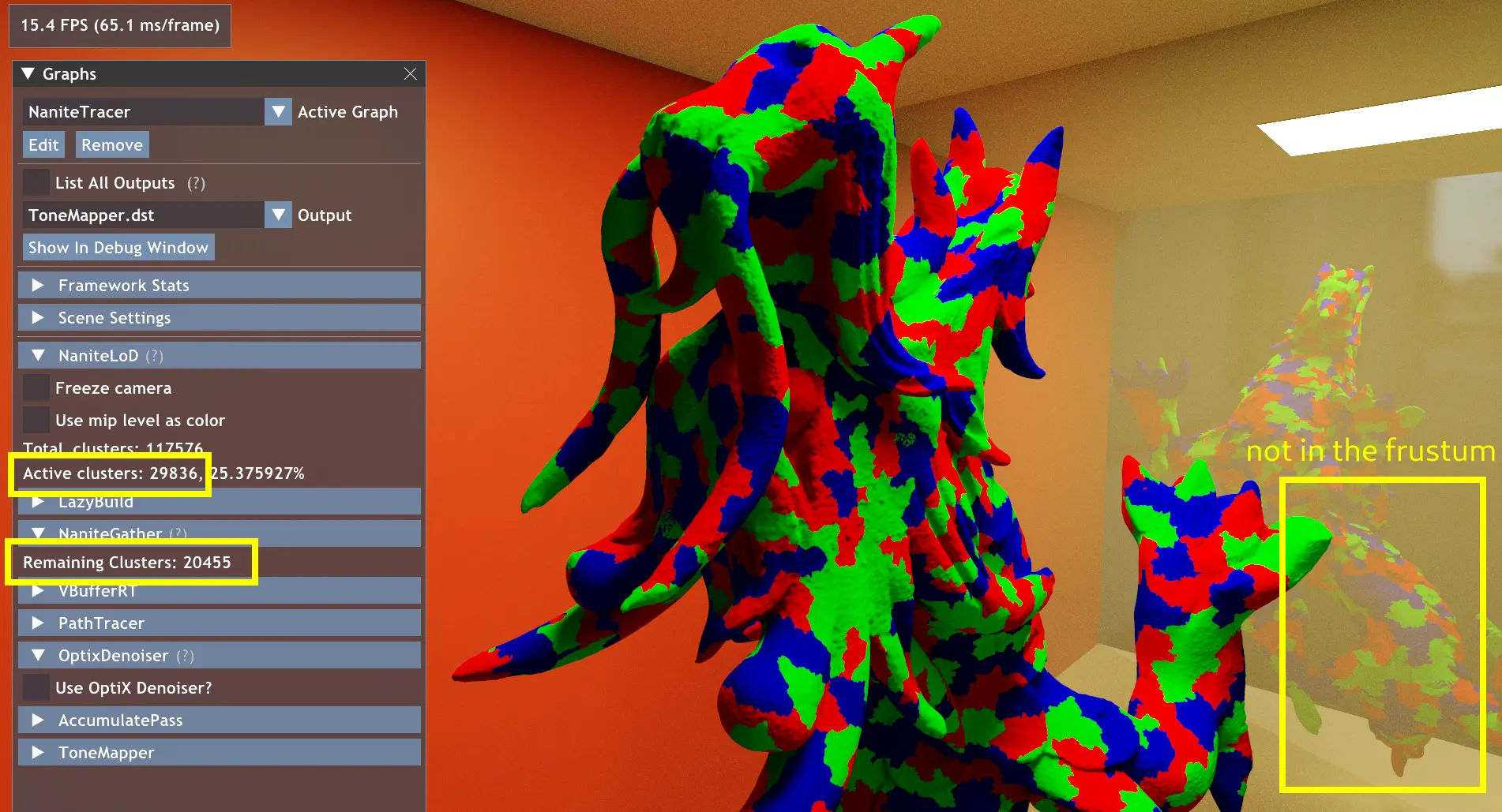 Indirectly visible clusters are rendered with less precision.